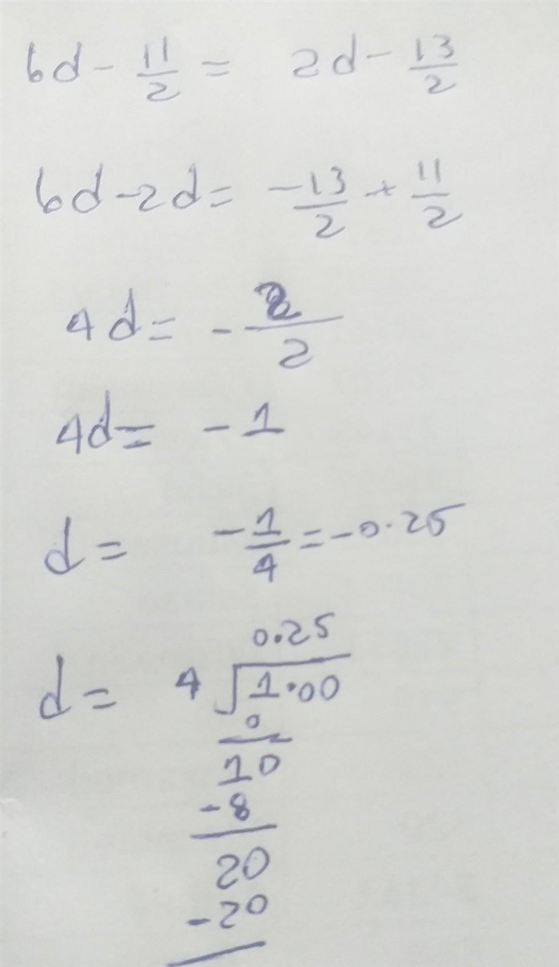 Equations with variables on both sides: decimals & fractions, 6d - 11/2 = 2d - 13/2-example-1