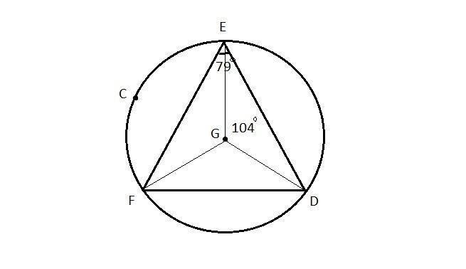 Circle G is inscribed with triangle E F D. Point C is on the circle between points-example-1