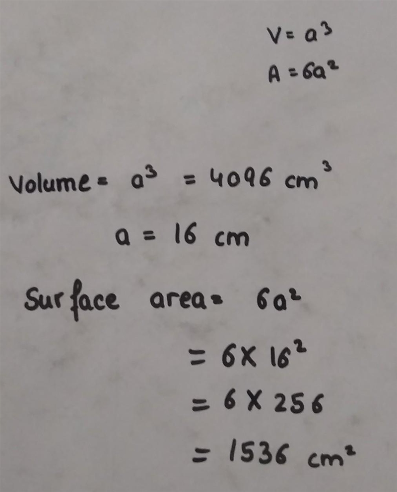 If the volume of a cube is 4096 cubic cm, what is its surface area​-example-1