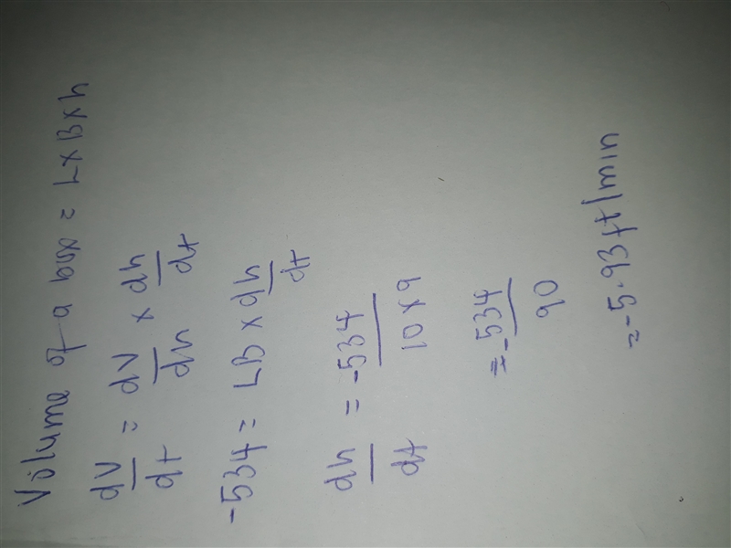 A box has a width of 10 feet and a length of 9 feet. The volume of the box is decreasing-example-1