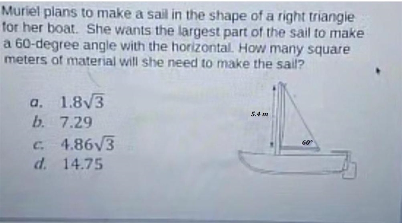 Muriel plans to make a sail in the shape of a right triangle for her boat. She wants-example-1