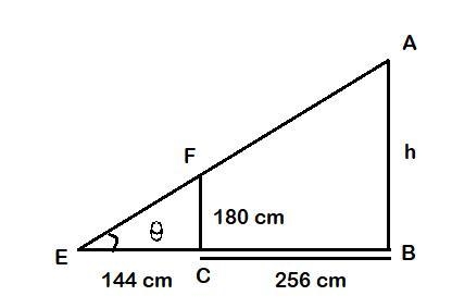 Ethan stands 256 cm at point C from a lamp post AB. He is 180 cm tall and his shadow-example-1