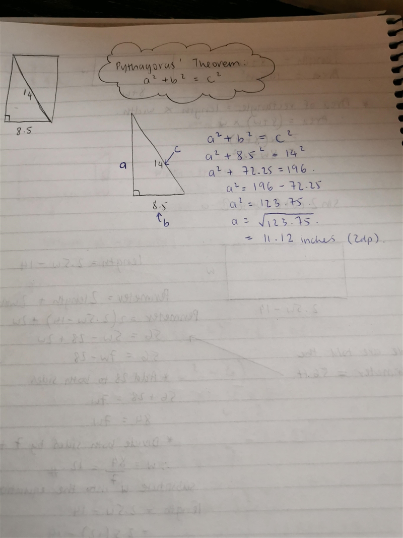 the width of a rectangular paper is 8.5 inches,and the diagnal length is 14 inches-example-1