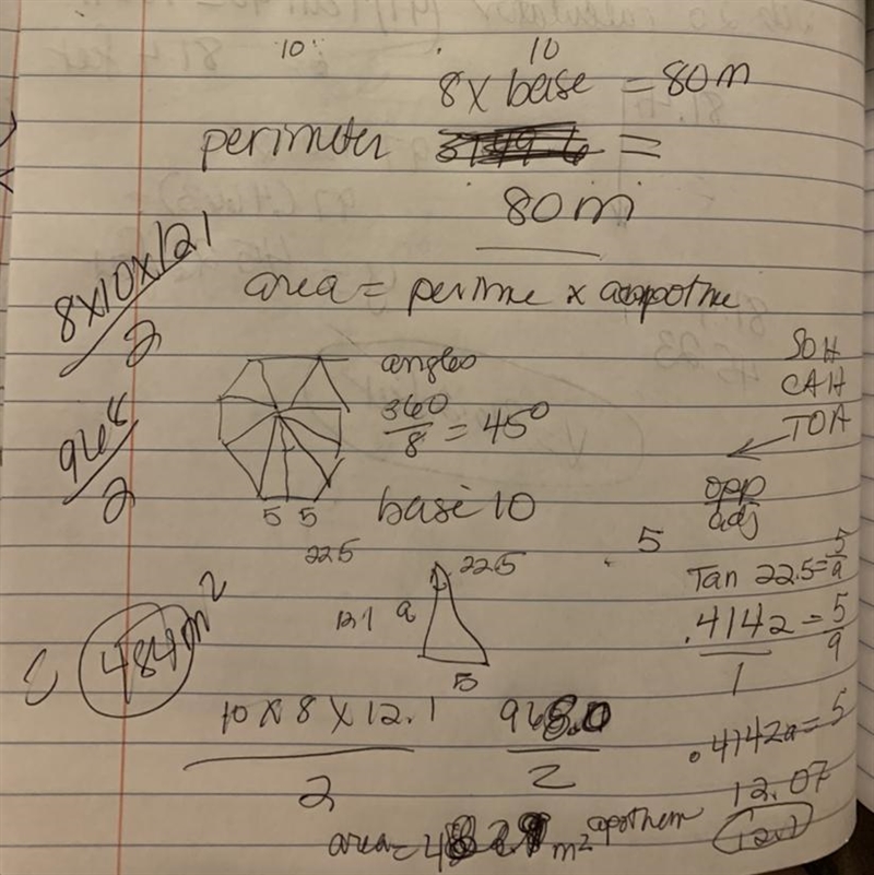 Find the area of a regular octagon (8 sides) that has an apothem of 12.1 meters and-example-1