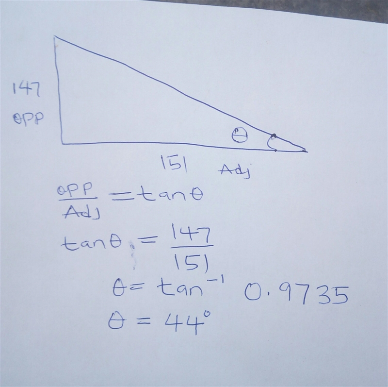 A tower that is 147 feet tall casts a shadow 151 feet long. Find the angle of elevation-example-1