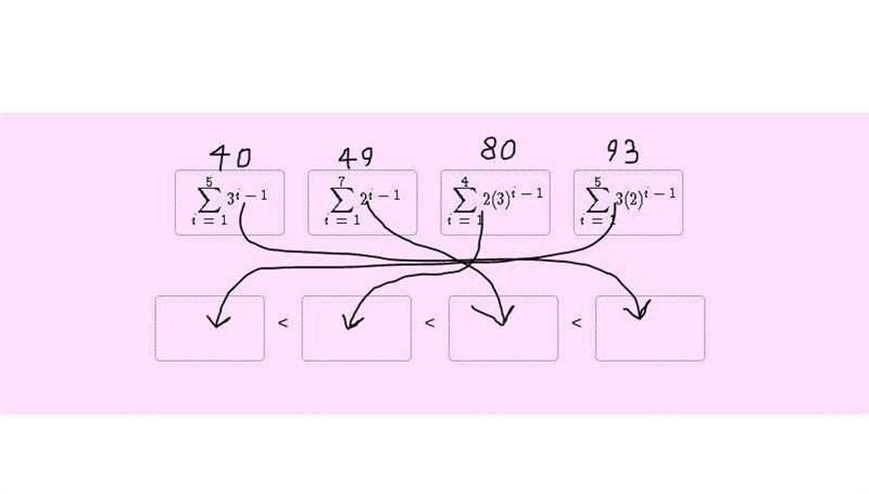 Drag each tile to the correct box. Arrange the geometric series from least to greatest-example-1