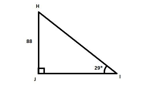 In ΔHIJ, the measure of ∠J=90°, the measure of ∠I=29°, and JH = 88 feet. Find the-example-1