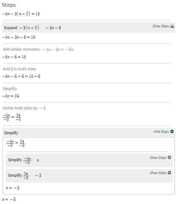 -5n-3(n+2)=18 what is n? Please show all work-example-1