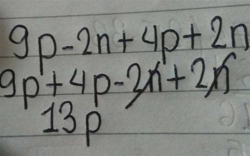 Simplify: 9p - 2n + 4p + 2n a. 13pn b. Sp + 4n c. 5p d. 13p​-example-1