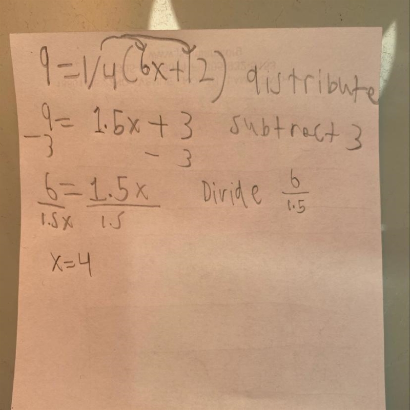 Solve for x in simplest form. 9=1/4 (6x+12)-example-1