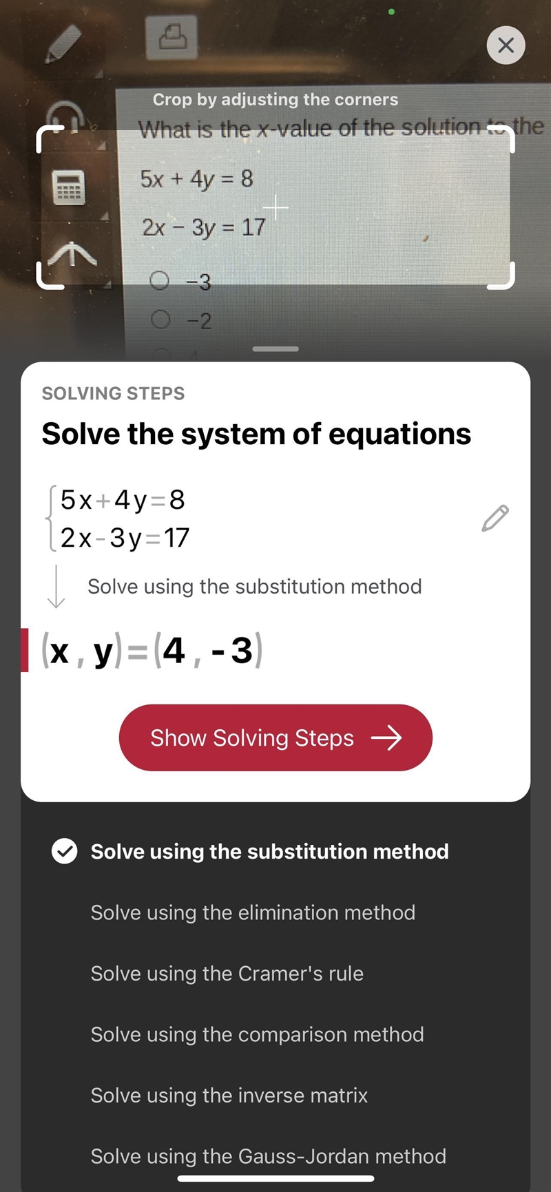 What is the x value of the solution to the system of equations? 5x + 4y = 8 2x-3y-example-1