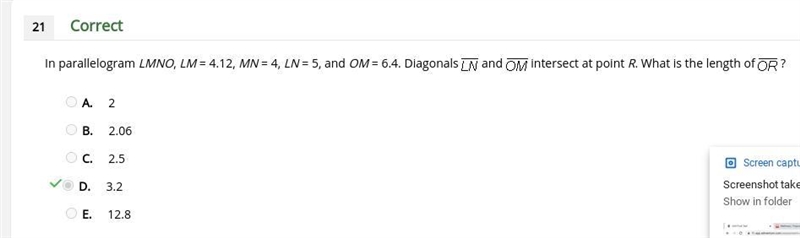 In parallelogram LMNO, LM = 4.12, MN = 4, LN = 5, and OM = 6.4. Diagonals and intersect-example-1