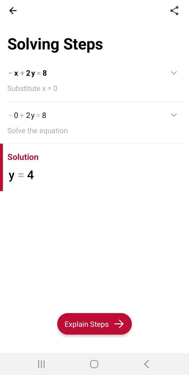 Find the x intercept and the y intercept of -x+2y=8-example-1