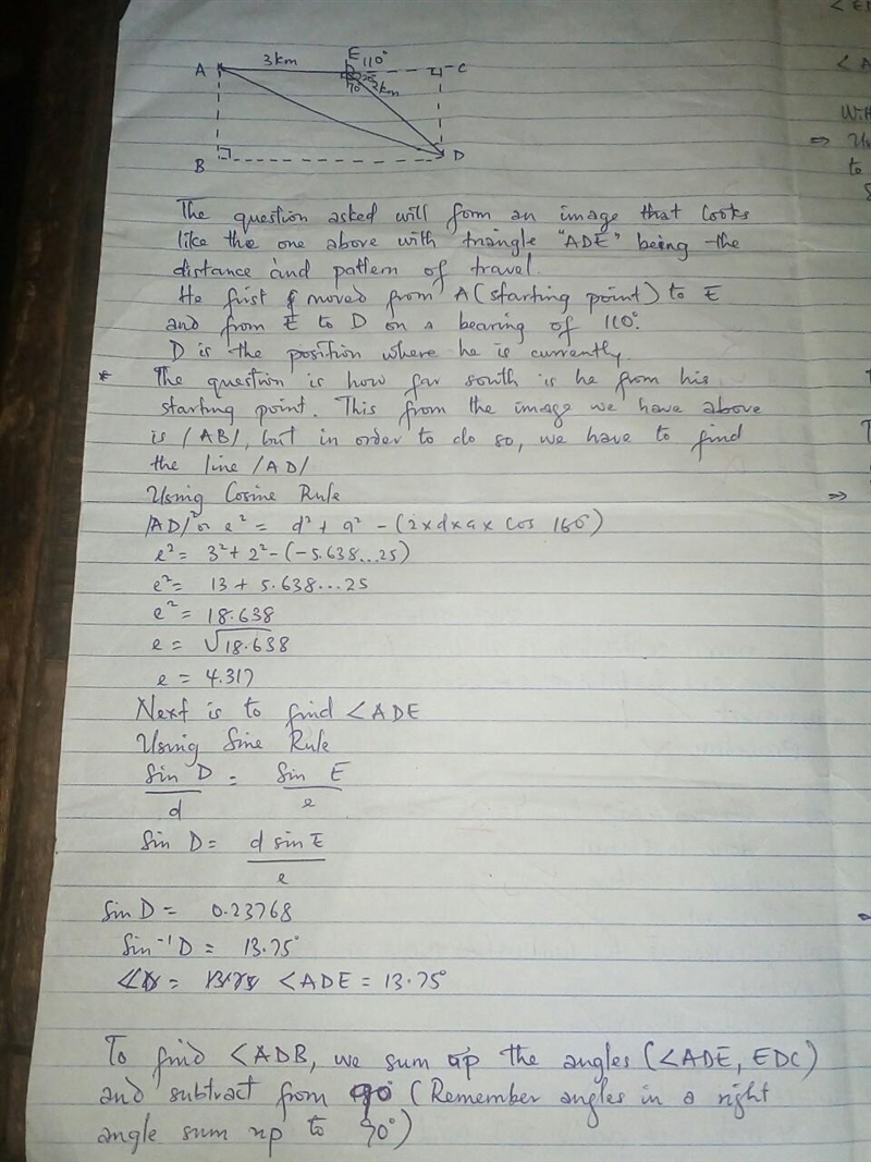 A hiker travels 3 km due east then 2 km on a bearing of 110°. Find: a) how far south-example-1