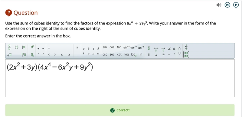 !!! Use the sum of cubes identity to find the factors of the expression 8x^6 + 27y-example-1