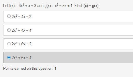 Let f(x) = 3x2 + x − 3 and g(x) = x2 − 5x + 1. Find f(x) − g(x).-example-1