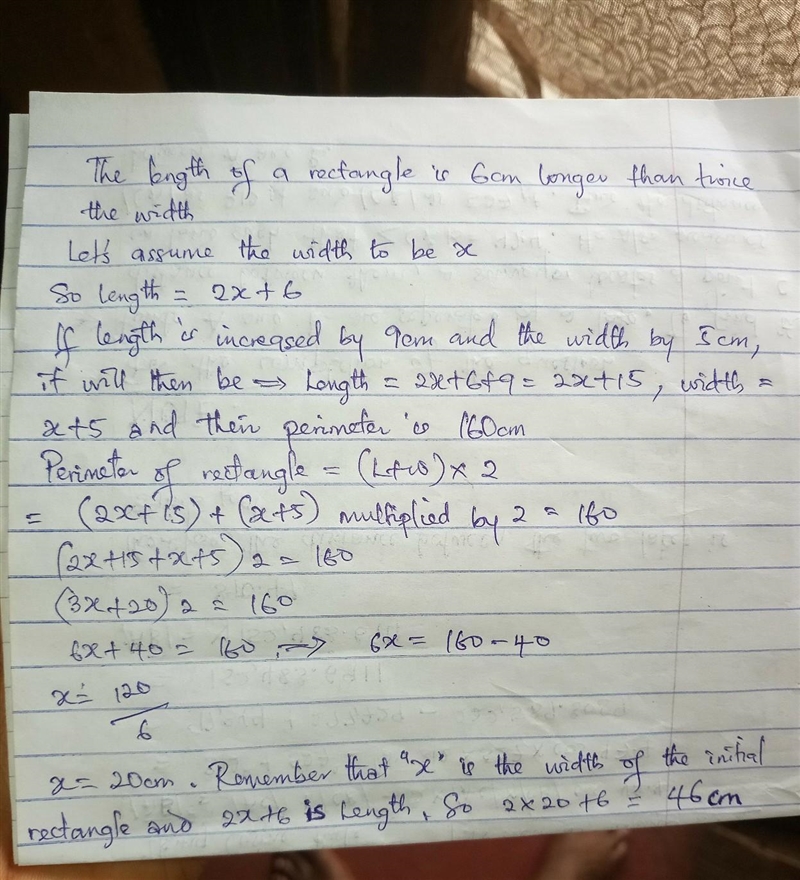 The length of a rectangle is 6 cm longer than twice the width. If the length is increased-example-1