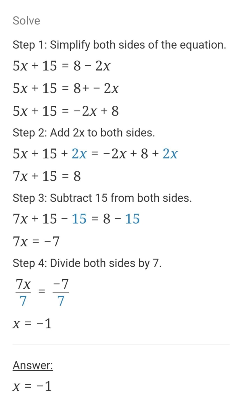 Five times a number increased by 15 equals 8 decreased by twice the number. Write-example-1