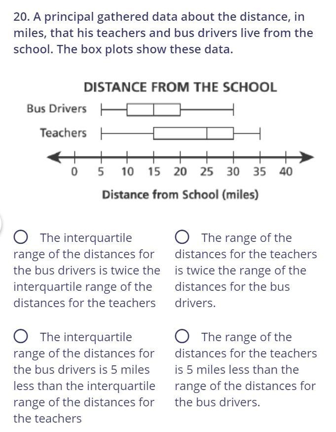 A principal gathered data about the distance, in miles, that his teachers and bus-example-1