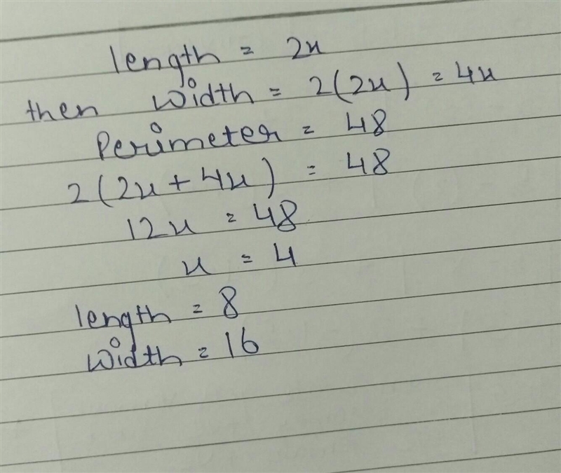 The perimeter of a rectangle is 48. The length is 2x and the width is twice the length-example-1