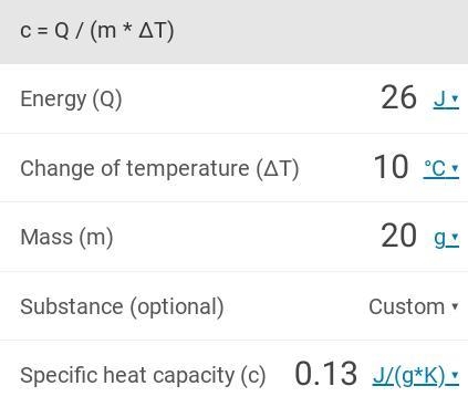 26 joules of heat is used to raise a sample of gold's temperature from 25.0°C to 35.0°C-example-1