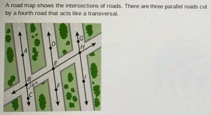 PLZZZ HELPPP ME!!! A road map shows the intersections of roads. There are three parallel-example-1