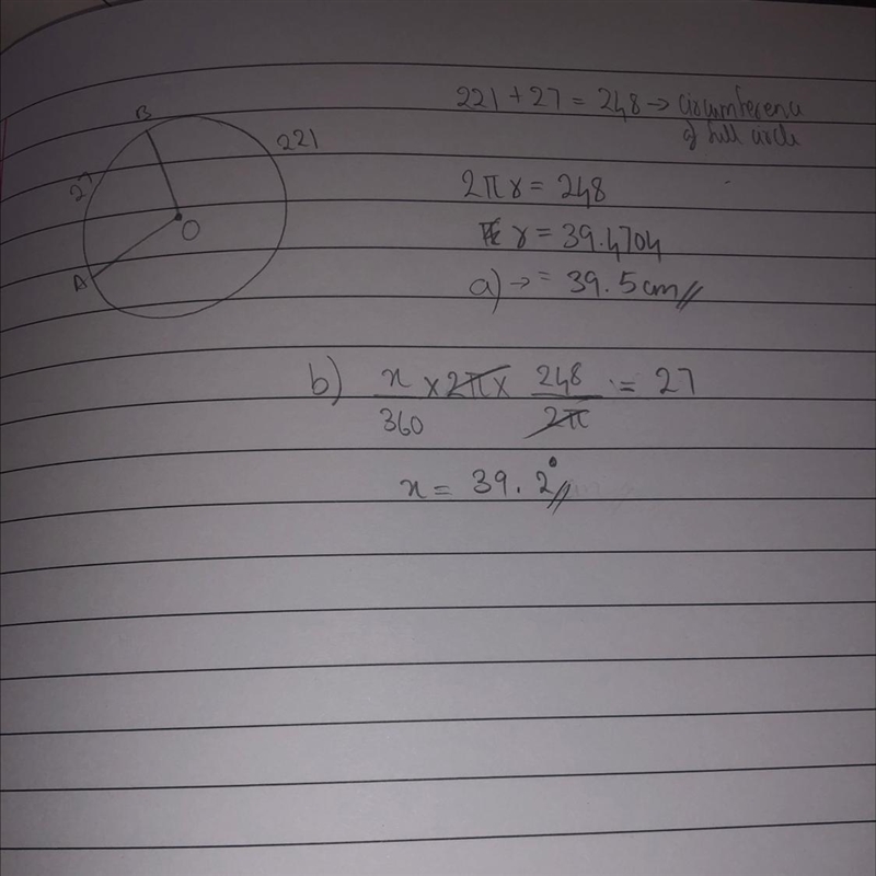 18. The length of the minor arc AB of a circle, centre 0, is 27 cm and the length-example-1