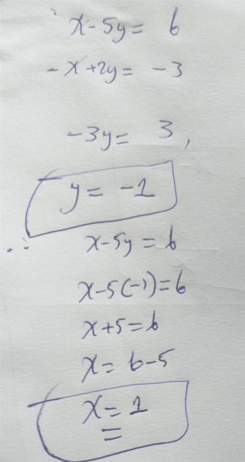 Finish solving the system of equations X -5 y =6 and-x+2y=_3 what is the value of-example-1