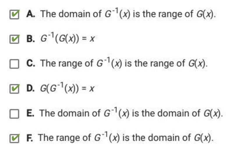 If g^-1(x) is the inverse of g(x) which statements must be true-example-1