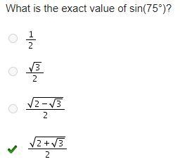 What is the exact value of sin(75°)? One-half StartFraction StartRoot 3 EndRoot Over-example-1