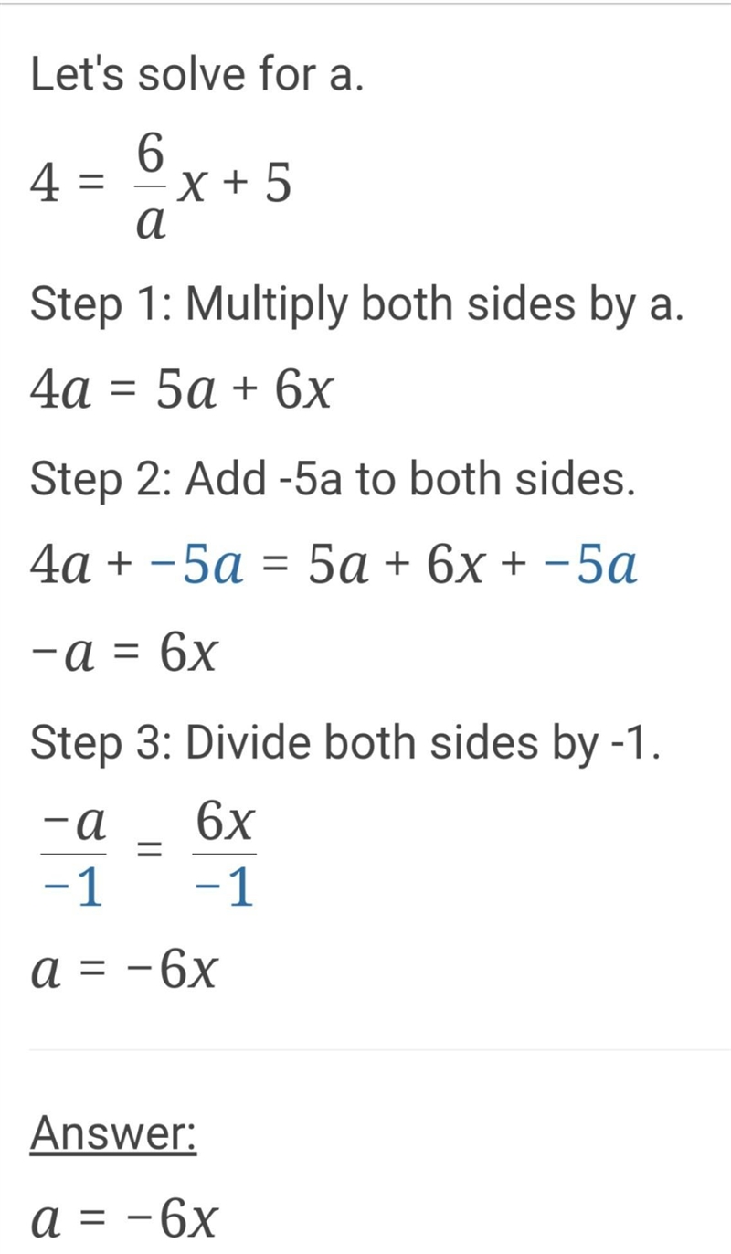 I need the anwers to these questions: -ax - 20 = -14, 7 + 2ax = 13, 4 = (6 over A-example-2