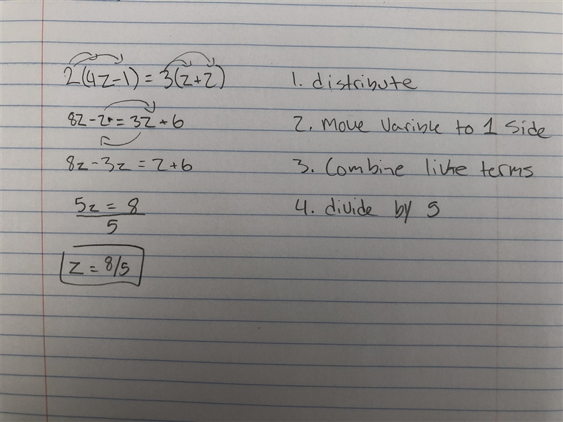 2(4z−1)=3(z+2). . Please explane work.-example-1