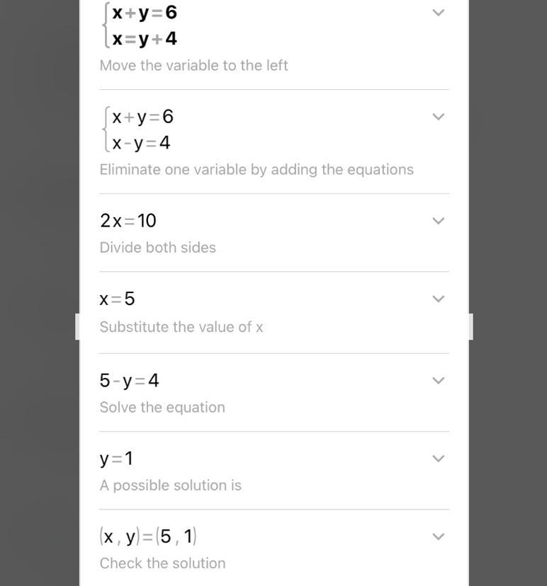 What is the solution to this system of equations? x+y= 6 x=y+4-example-1