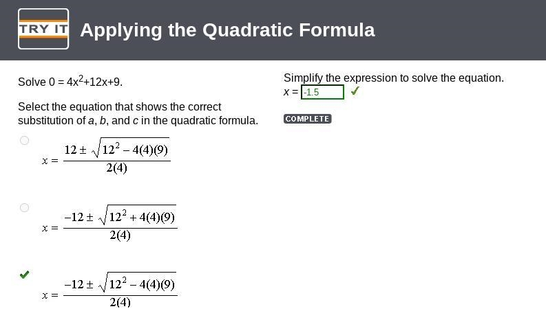 Solve 0 = 4x2+12x+9. Select the equation that shows the correct substitution of a-example-1