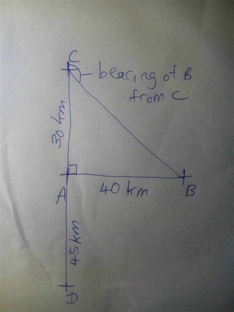 A,B,C,D are 4 towns. B is 40 kilometeres due east of A. C is 30 kilometeres due north-example-1