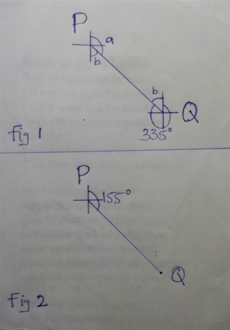 A point p is on the bearing of 335 from a point Q find the bearing of Q from P-example-1