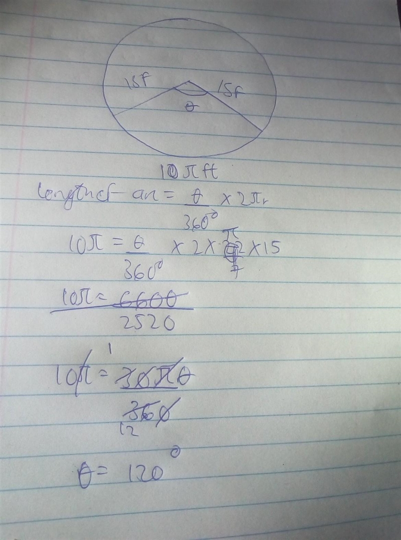 A circle with a radius of 15 ft is subdivided by a central angle. If the resulting-example-1