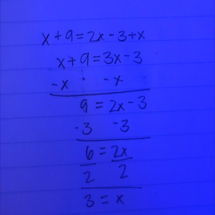 X + 9 = 2x - 3 + x Help!!-example-1