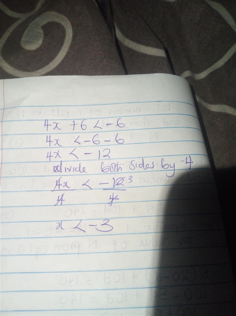 Solve. 4x + 6 < -6 With steps please. Thank you!-example-1