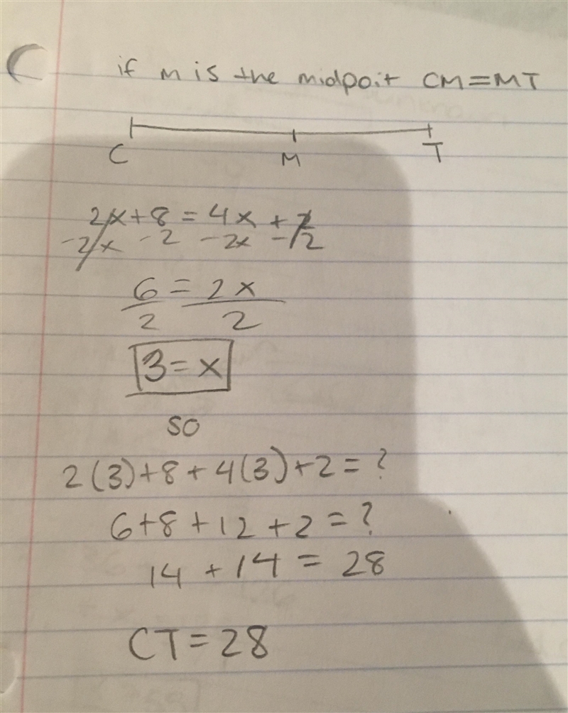 M is the midpoint of CT. CM = 2x + 8 and MT = 4x + 2, the length of CT.-example-1