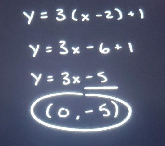 Given a slope of 3 and the point (2, 1), find the Y-intercept of the line.-example-1