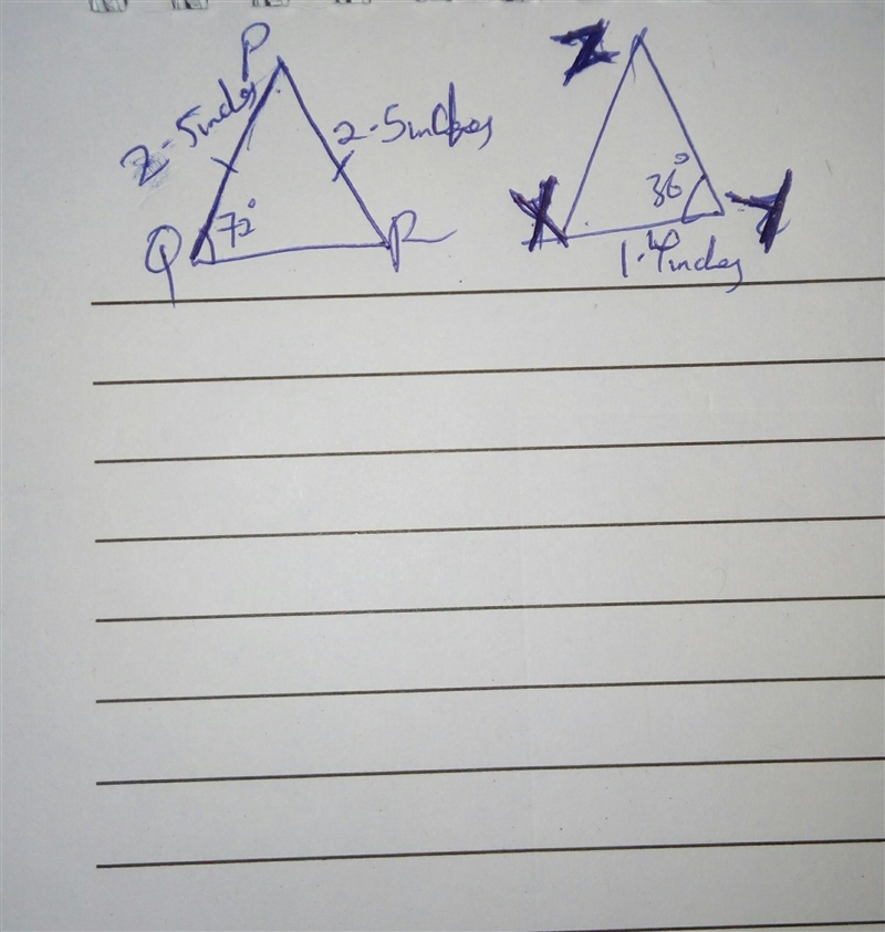 . Triangles Q R P and X Y Z are congruent. Angle P Q R is 72 degrees. The lengths-example-1