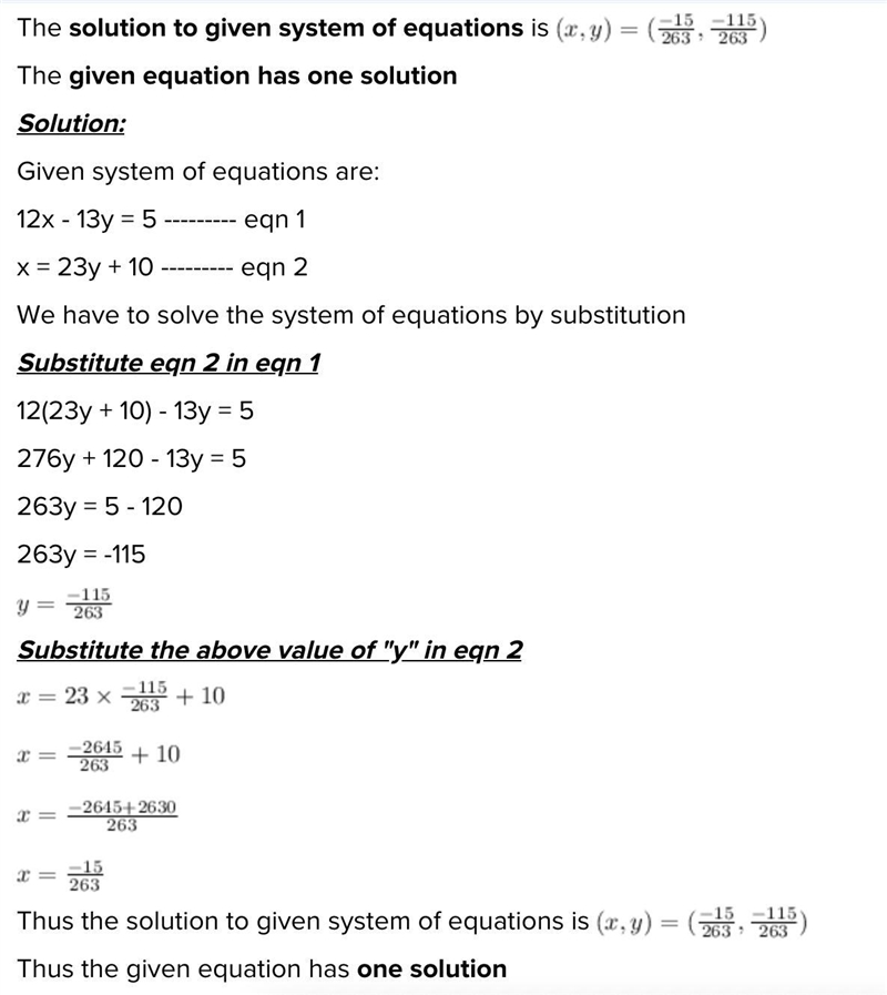 How many solutions are there? 12x − 13y = 5 x = 23y + 10-example-1