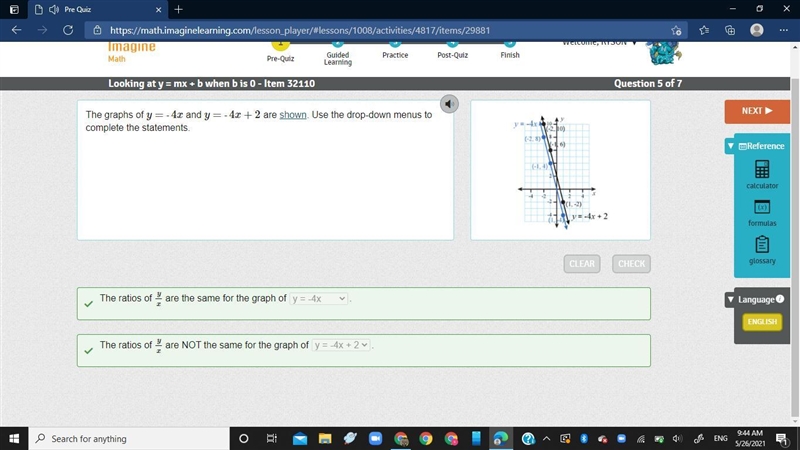 The graphs of y= ‐4x and y= ‐4x+2 are shown. Use the drop-down menus to complete the-example-1