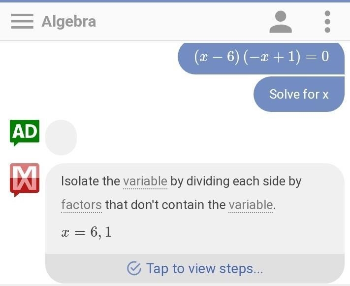 Solve for x. (x+6)(-x+1)=0​-example-1