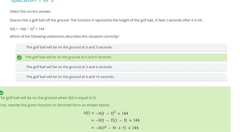 Sharon hits a golf ball off the ground. The function h represents the height of the-example-1