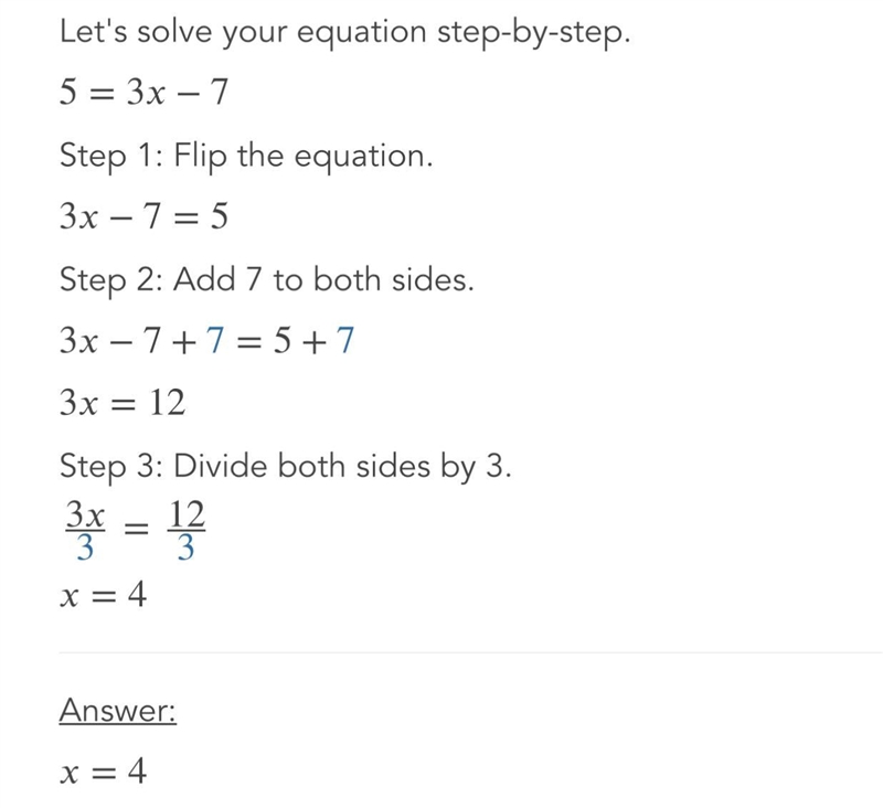 Find the input (x) of the function y = 3x - 7 if the output (y) is 5.-example-1