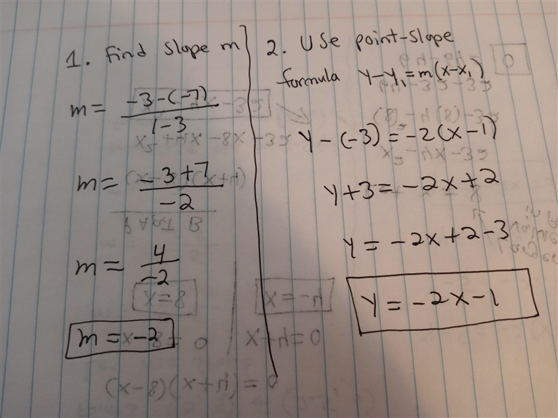 Find the equation of a line that passes through the points (1,-3) and (3,-7). Leave-example-1