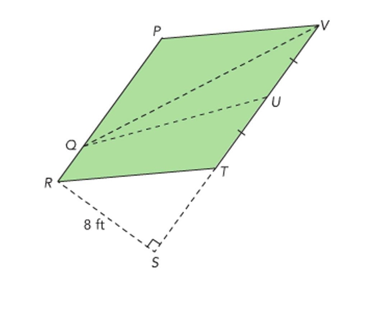 A Parallelogram PRTV is made up of triangle PQV and trapezoid QRTU. The area of the-example-1