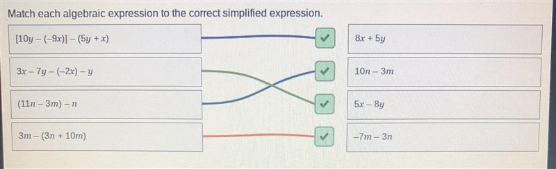 Match each algebraic expression to the correct simplified expression 5x - Sy 3m - (3n-example-1